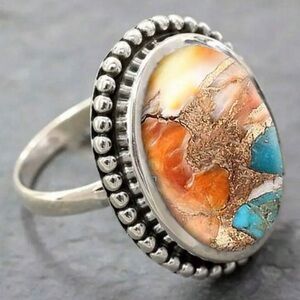 Silver Tone and Multicolor Boho Stone Ring Sz 7